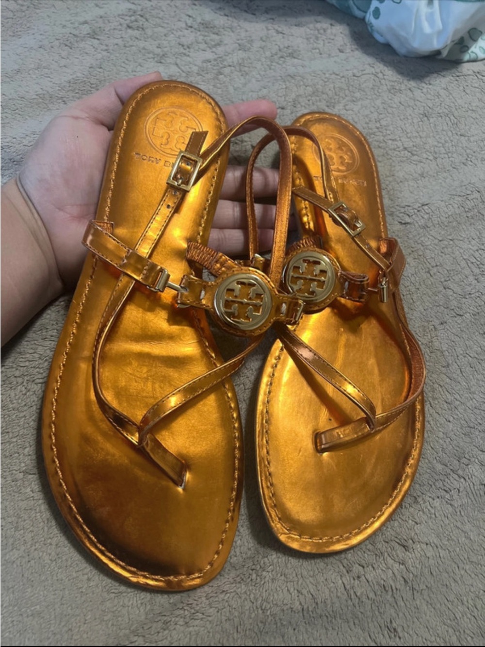 Tory Burch Metallic Copper Logo Thong Sandals